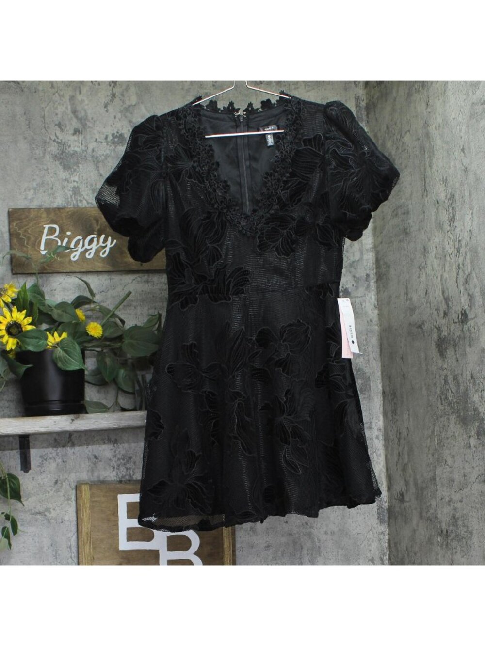 Aqua Womens Lace Puff Sleeve Mini Dress IDM12303 Black S